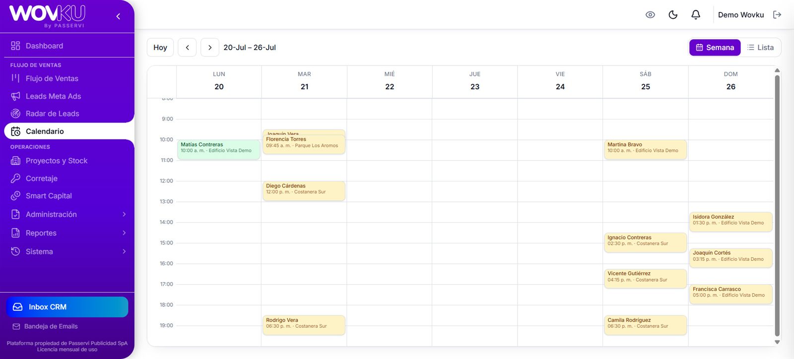 Calendario semanal de Wovku con las visitas agendadas automáticamente por el agente IA